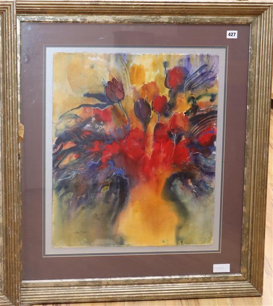 Judy Linnell, watercolour, Tulips In Garden, signed, 57 x 47cm.